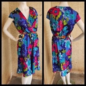 Leslie Fay  Blue Multi‎ Floral Faux Wrap Dress